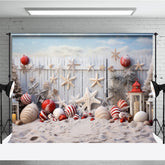 Lofaris Coastal Christmas Photography Backdrop Beach Sand with Ornaments and Starfish White Picket Fence Photo Prop